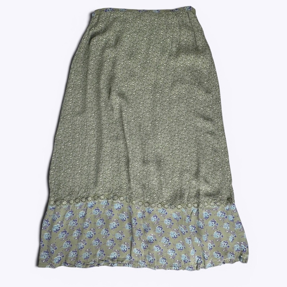 April Cornell Ditsy Floral Maxi Skirt Sage Green Tiered Cottagecore Vintage Sz 6